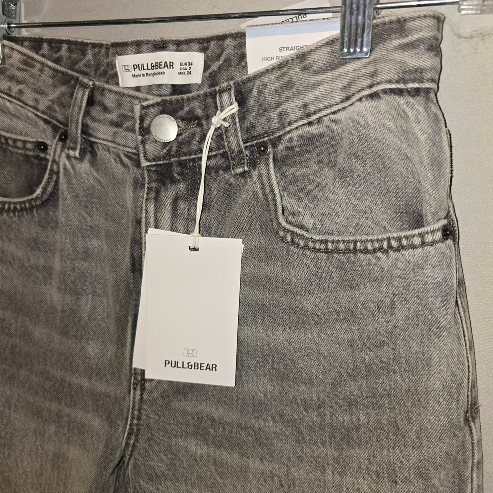 Pull&Bear Jeans 2 Women Grey Straight Leg High Rise Raw Hem Acid Wash - Picture 3 of 9